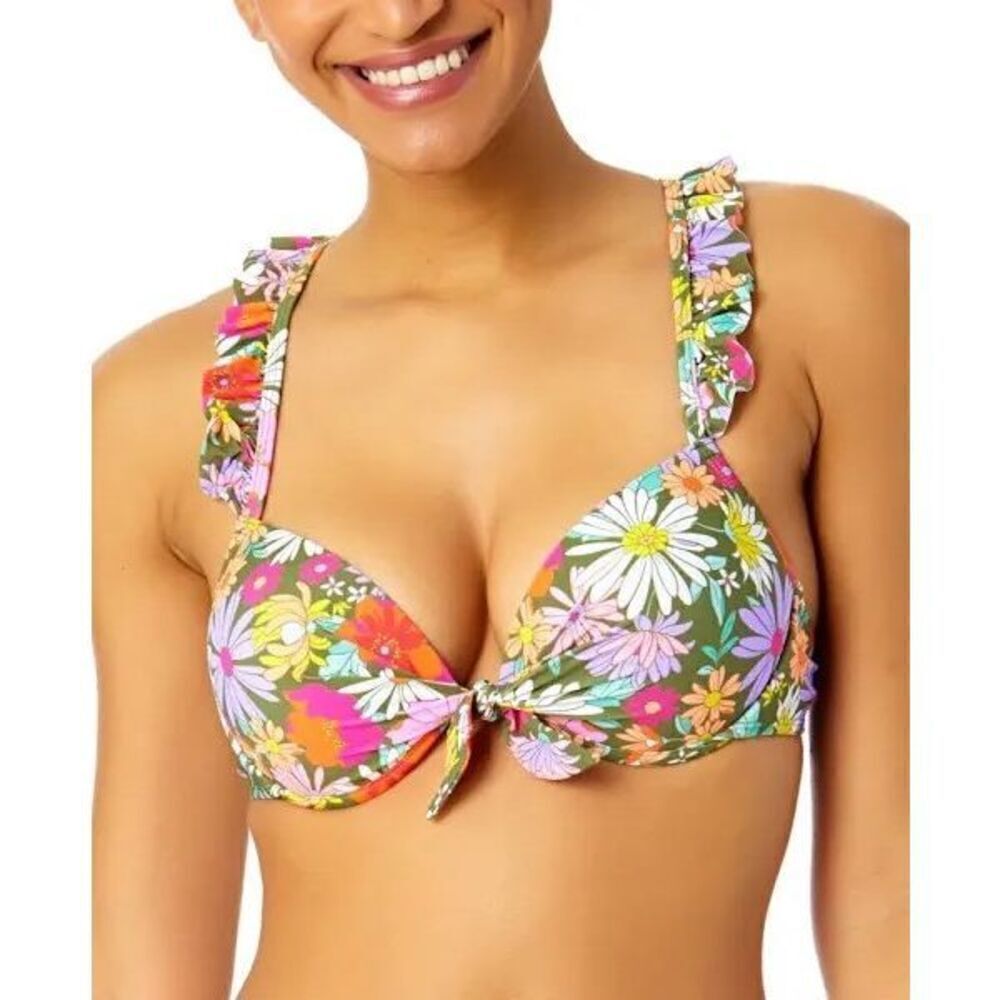 Women's Medium Printed Ruffle-Strap Push Up Underwire Bikini Top hippie flower